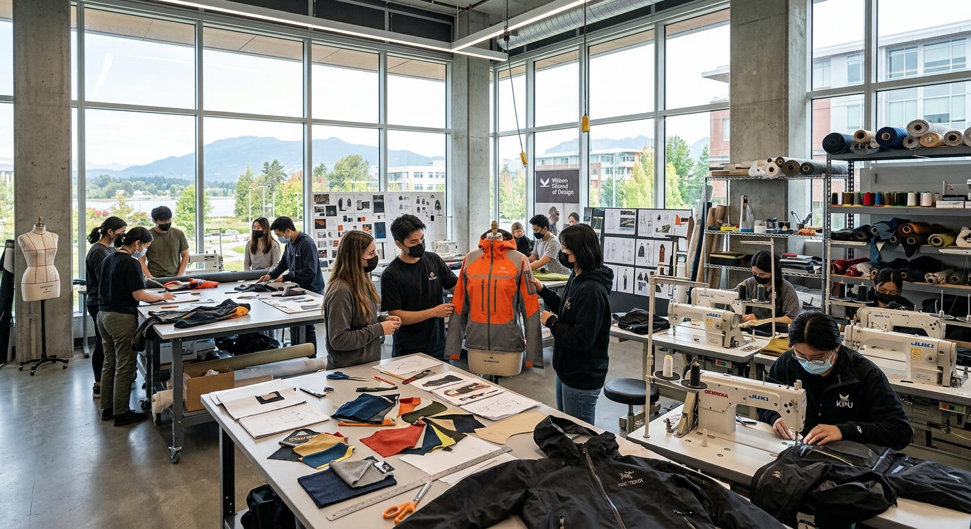 Modern design studio at KPU Wilson School of Design with students working on technical apparel prototypes, fabric swatches and sewing machines visible, large windows with natural light, Richmond British Columbia campus