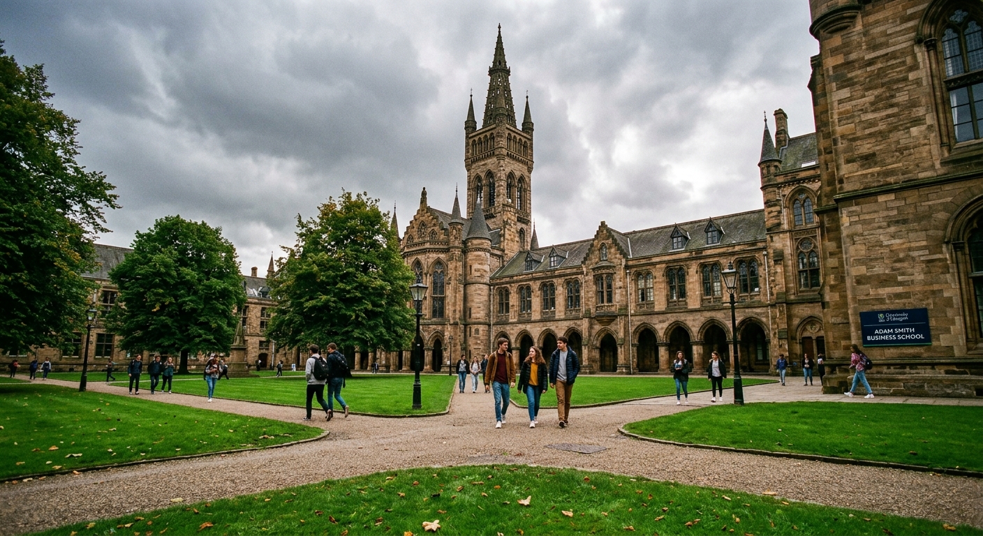 University of Glasgow historic Gothic revival main building with tower, green campus quadrangle, students walking on pathways, overcast Scottish sky, Adam Smith Business School signage visible