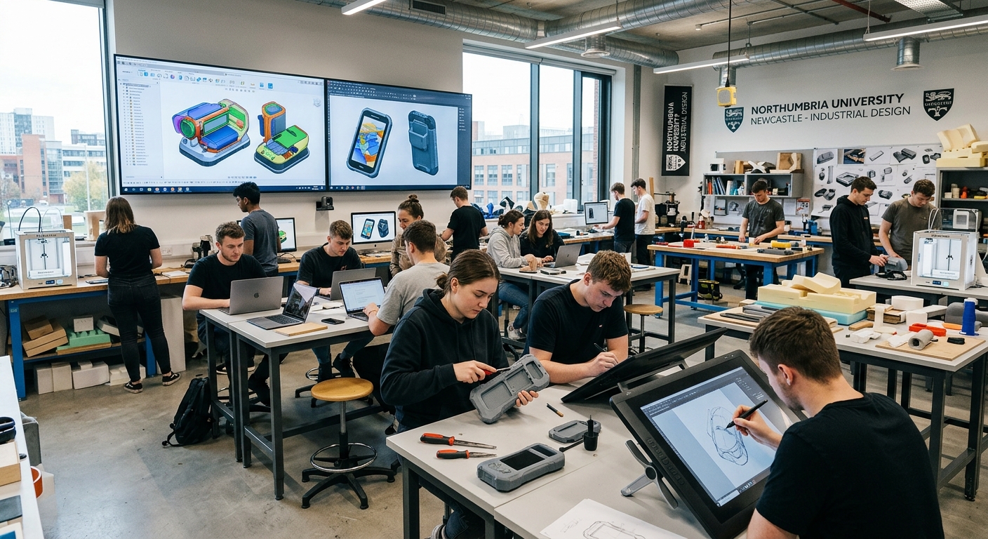 Modern design studio at Northumbria University Newcastle campus, students working on 3D product prototypes and digital sketches, large screens displaying CAD renderings, bright collaborative workspace with industrial design tools and materials