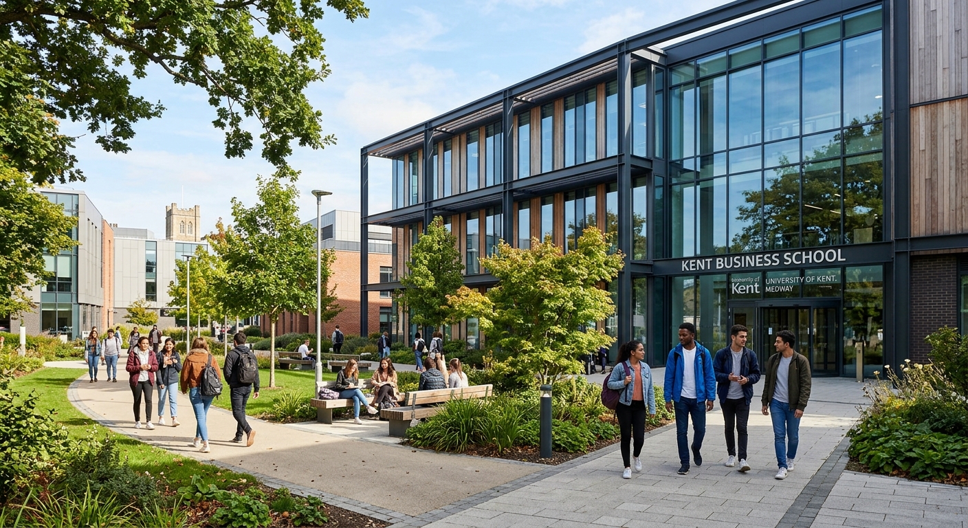 Modern Kent Business School building at the University of Kent Medway campus, students walking through a sunlit courtyard with contemporary glass architecture and green landscaping, United Kingdom