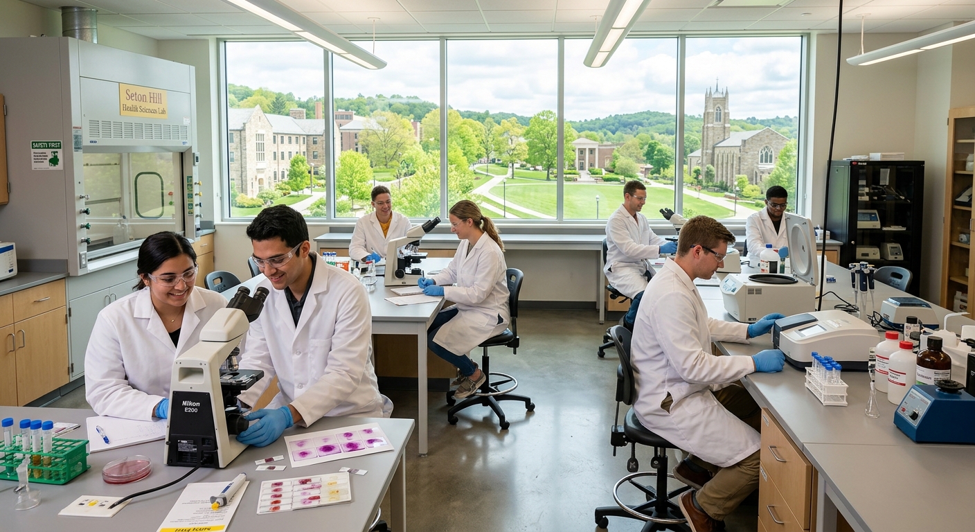 Modern health sciences laboratory at Seton Hill University with students in white lab coats using microscopes and analytical equipment, bright overhead lighting, specimen slides and test tubes visible on countertops, large windows overlooking a green campus in Greensburg Pennsylvania