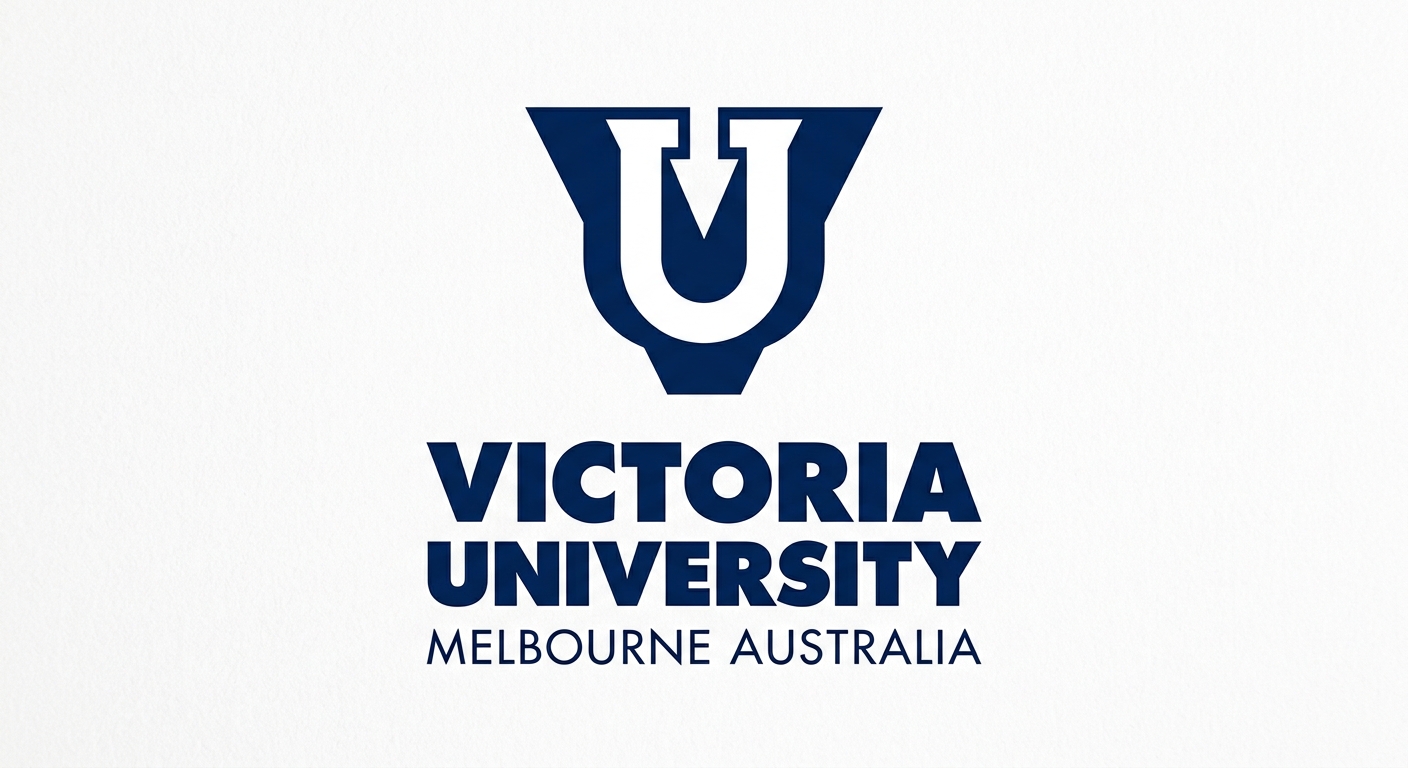 Victoria University official logo, blue and white VU monogram with full university name text