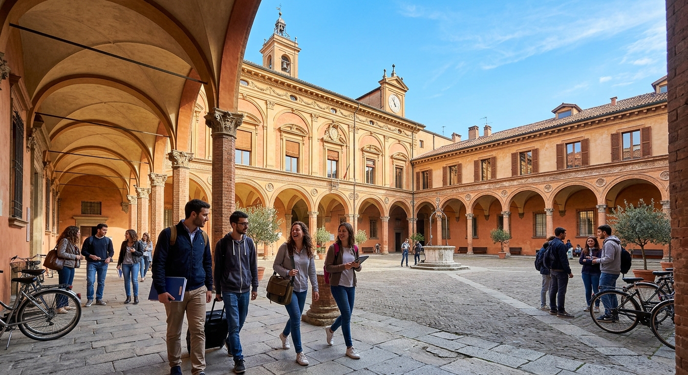 Historic University of Bologna campus building with arched porticos in warm terracotta tones, engineering students walking through courtyard, Italian architecture with blue sky background