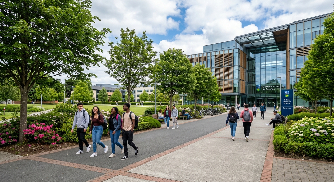 Modern science building at University College Dublin Belfield campus, students walking along tree-lined pathways, UCD O'Brien Centre for Science visible in background, bright Irish sky with green landscaping