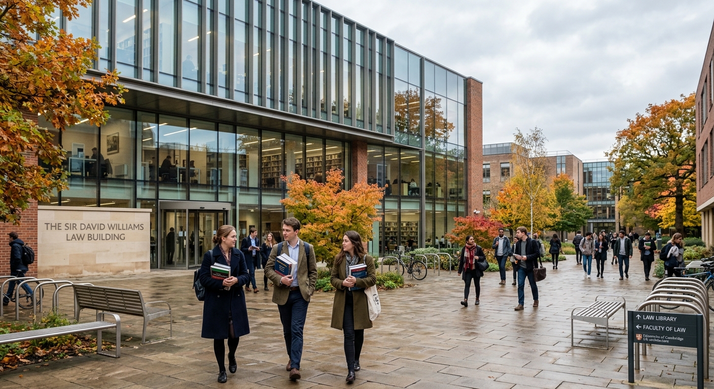 Modern university campus building in the United Kingdom with glass facade, students walking through courtyard carrying law textbooks, professional atmosphere with autumn trees and overcast sky