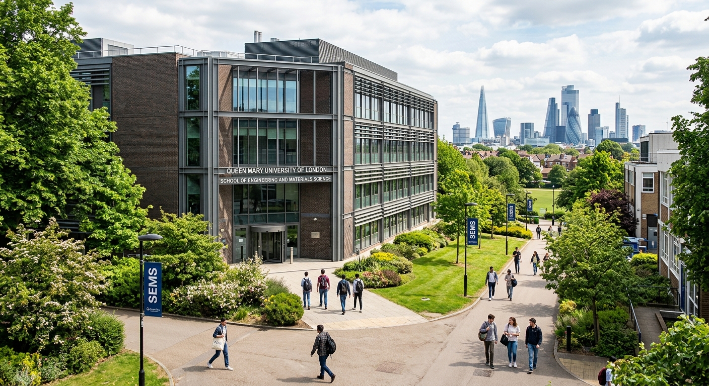 Queen Mary University of London Mile End campus with the School of Engineering and Materials Science building, modern architecture surrounded by green spaces, students walking along pathways with the London skyline in the background