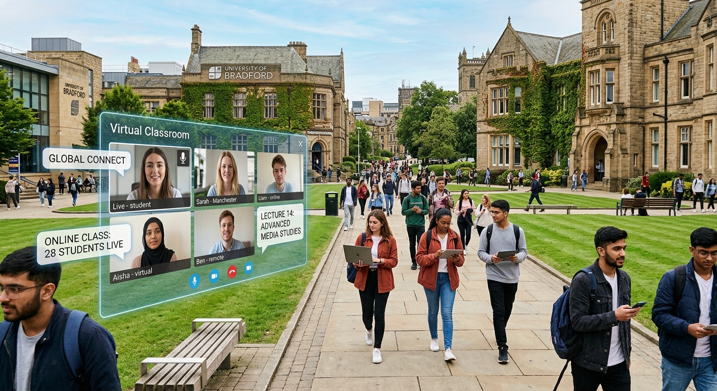 Modern university campus with historic stone buildings and green lawns in Bradford, West Yorkshire, England, students walking with laptops and digital devices, distance learning concept with virtual classroom overlay