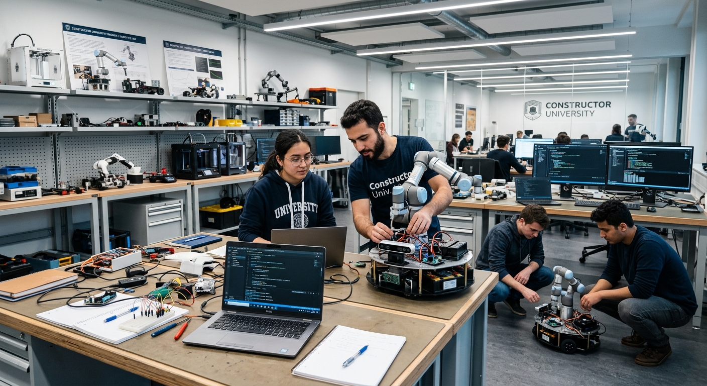 Modern robotics laboratory at Constructor University Bremen, students programming autonomous robots with robotic arms and sensors visible, bright LED-lit engineering workspace with circuit boards and computer screens displaying code