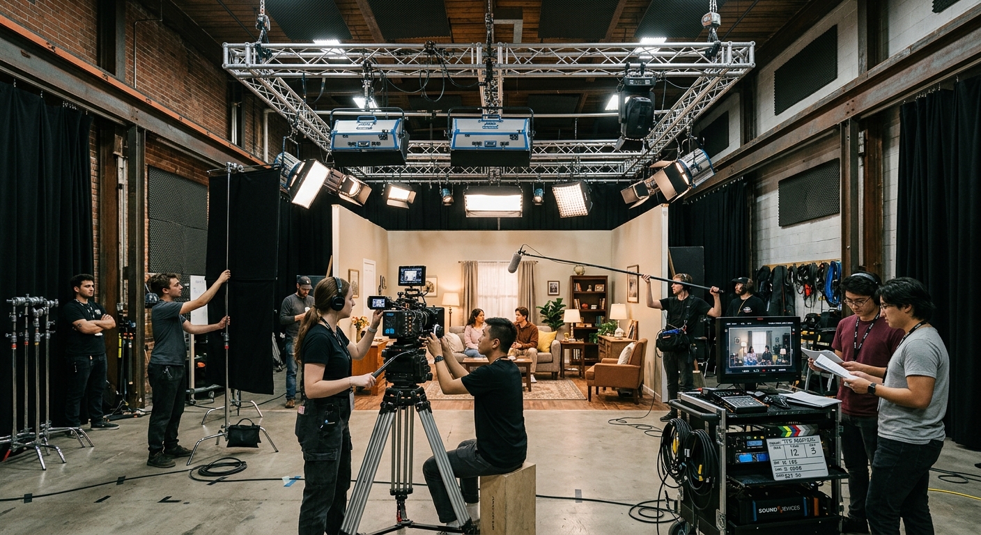 Toronto Film School film production studio interior, professional lighting rigs, Arri Alexa cameras on tripods, students collaborating on a film set, industrial modern space
