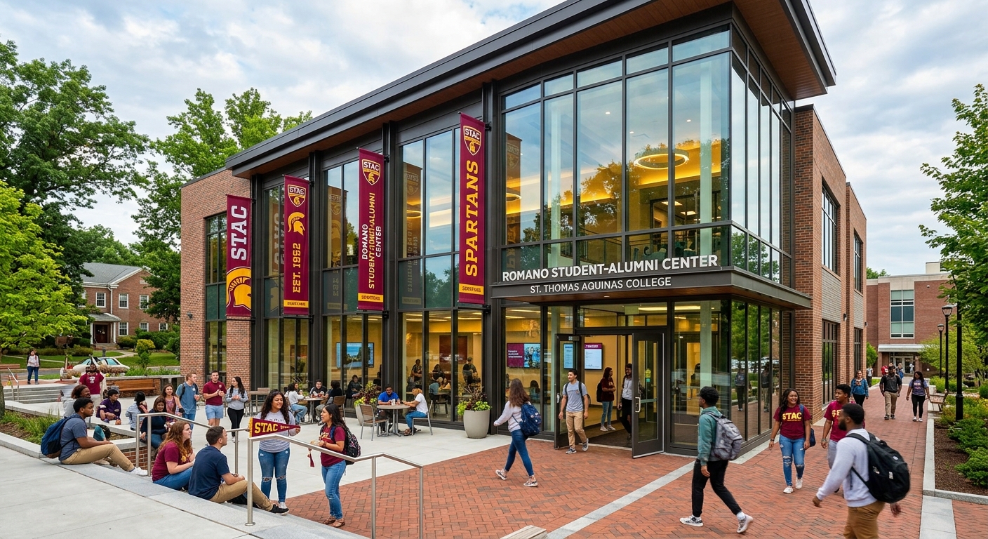 Romano Student-Alumni Center at STAC, contemporary campus center building with glass entrance, students gathering outside, maroon and gold banners visible