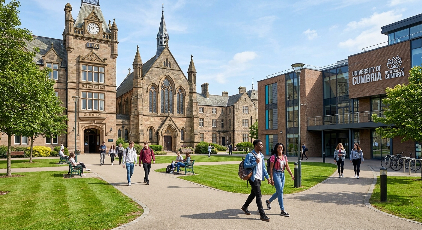 University of Cumbria Fusehill Street campus Carlisle, historic stone buildings with chapel, modern teaching blocks, green courtyard, students walking on pathways