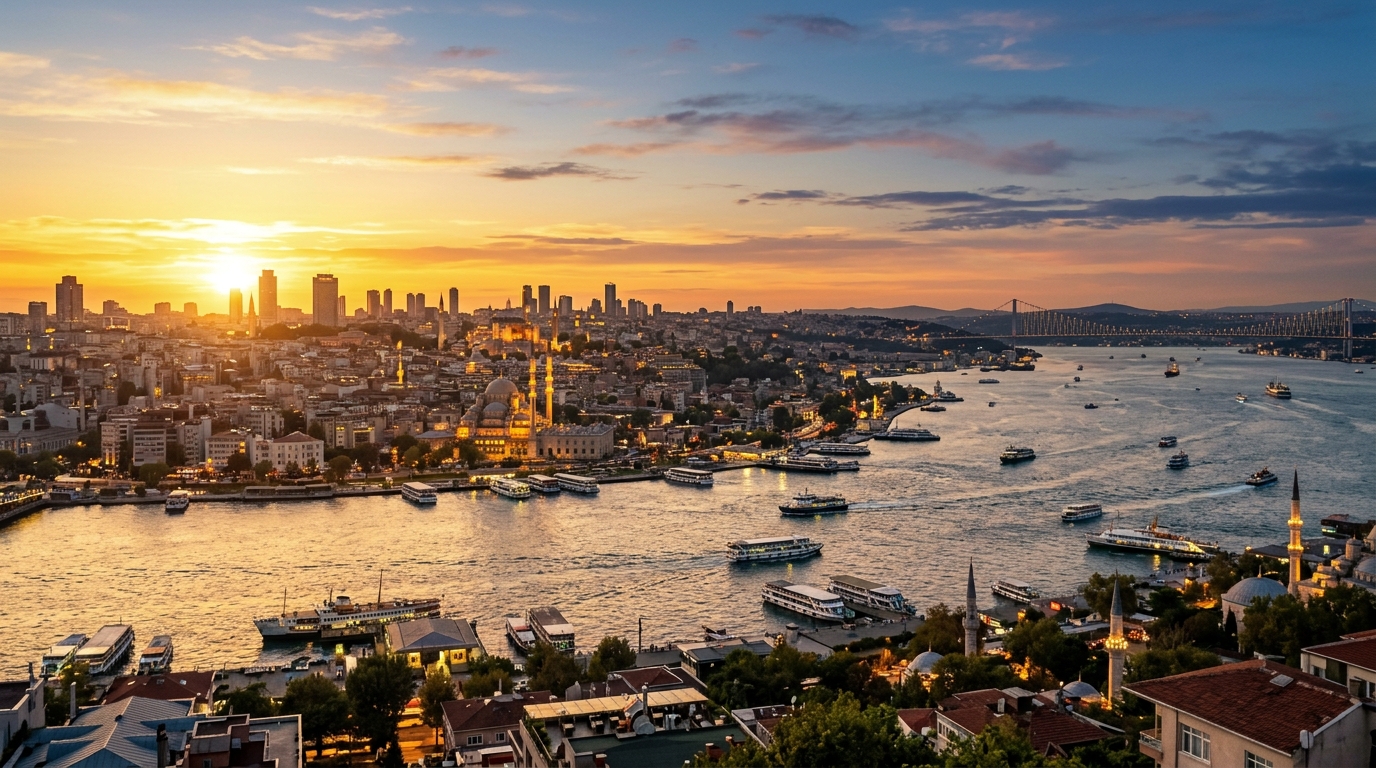 Istanbul cityscape panorama at sunset, Bosphorus strait with ferries, minarets and modern skyscrapers, Fatih Sultan Mehmet Bridge in the distance, warm golden light