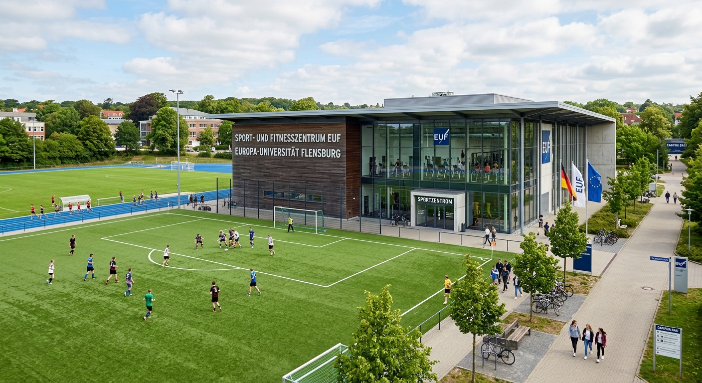 Sports and fitness center at Europa-Universität Flensburg campus, outdoor green fields and modern gym building