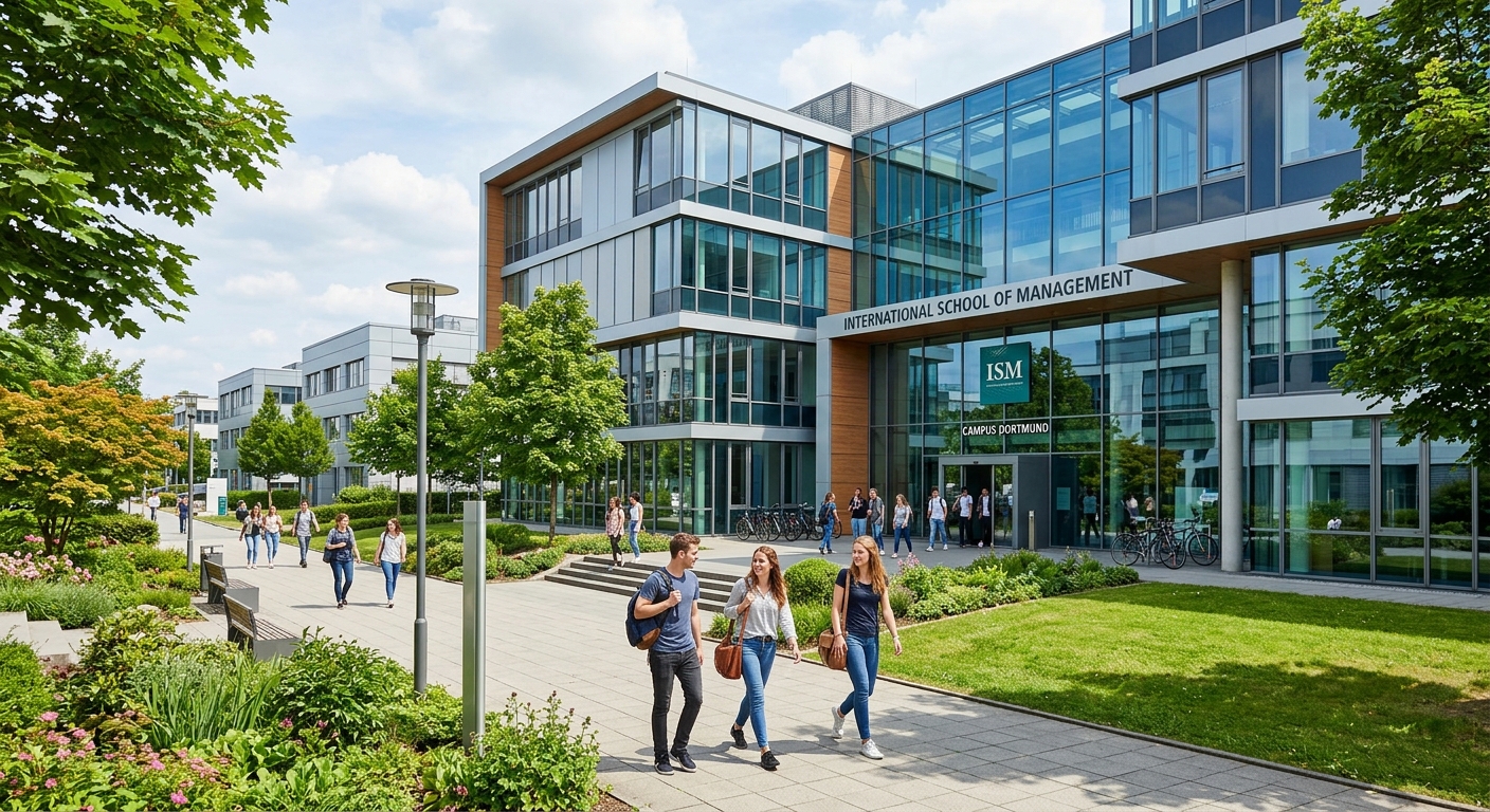 ISM Dortmund campus main building exterior, modern architecture in the Technology Park, glass facade, students walking on pathways, green surroundings