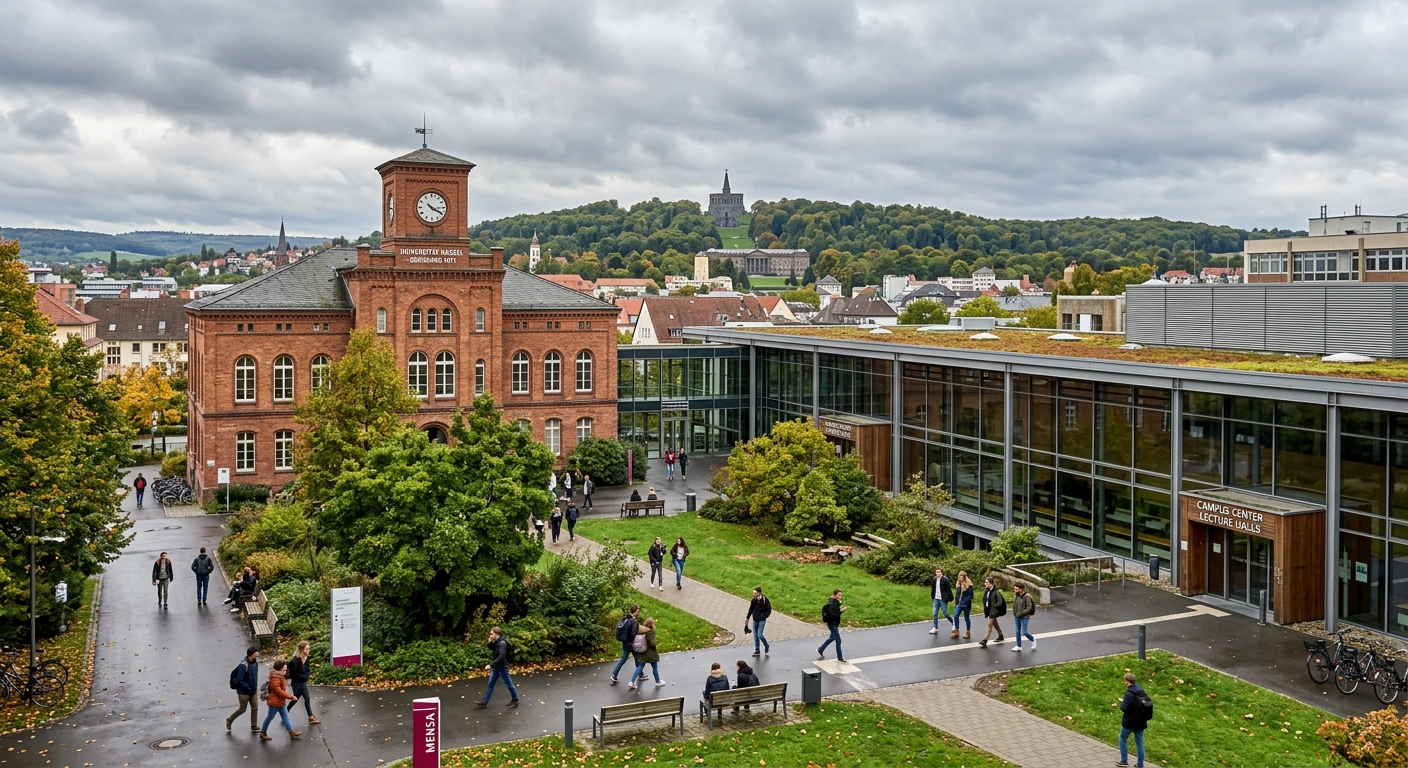 Historic university campus building at University of Kassel with modern architecture elements, green courtyard, students walking between lecture halls, overcast German sky, city of Kassel in the background with Bergpark Wilhelmshöhe visible on the horizon