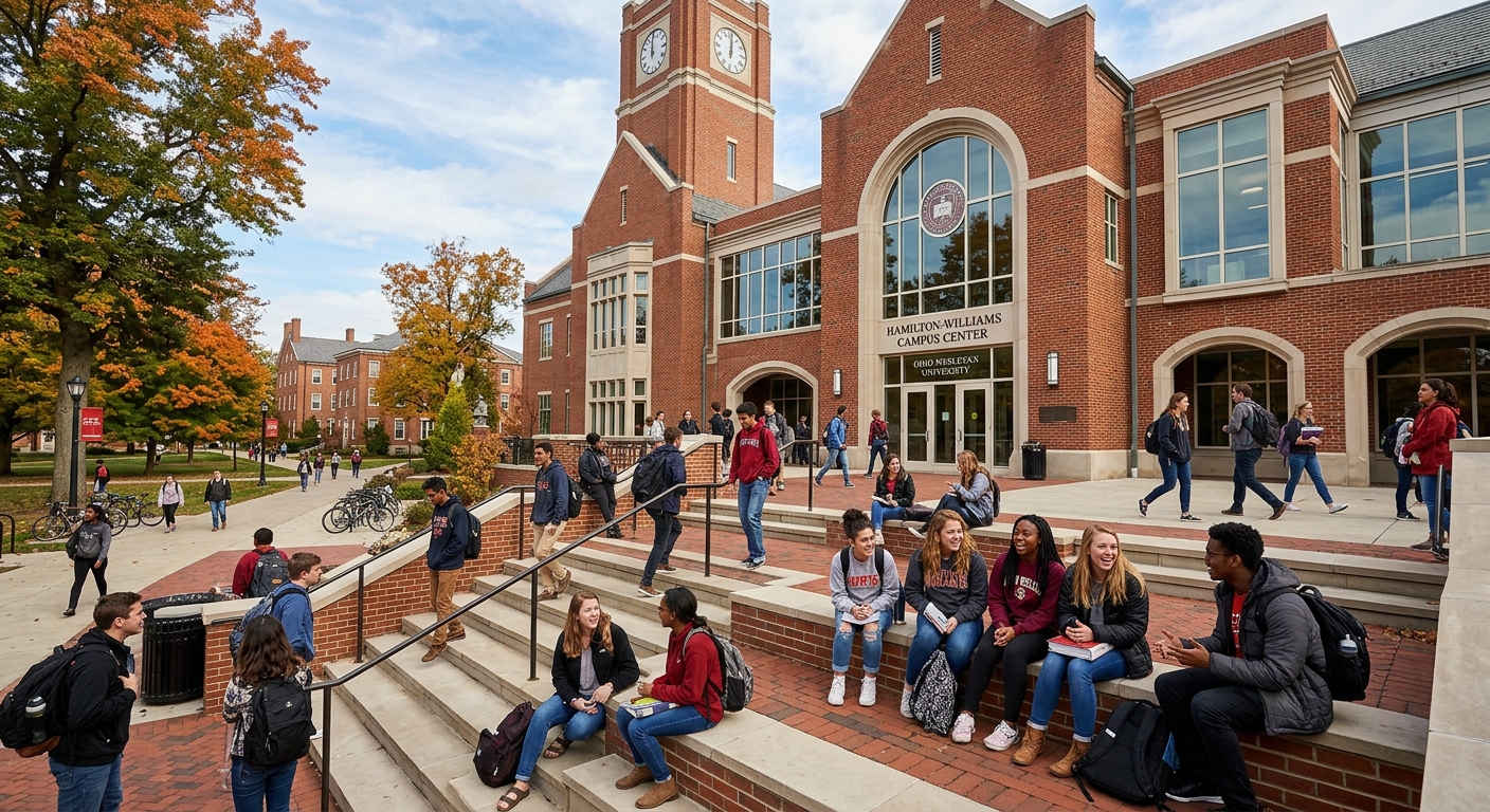 Hamilton-Williams Campus Center at Ohio Wesleyan University, students gathering on steps, brick building with large windows, campus life