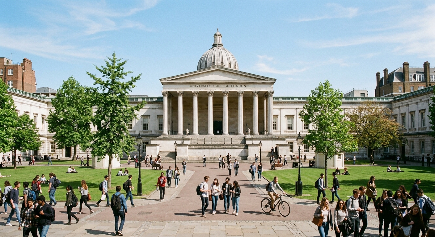 UCL University College London main quad with neoclassical portico building, students walking across the courtyard, historic Bloomsbury campus in central London with clear sky