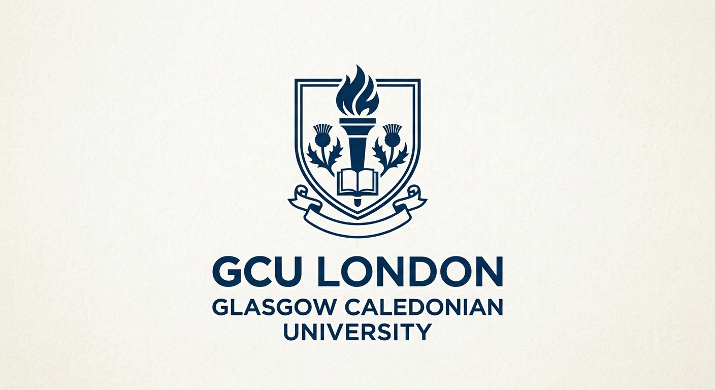 Glasgow Caledonian University London logo, GCU London text in dark blue with university crest featuring a shield and torch motif