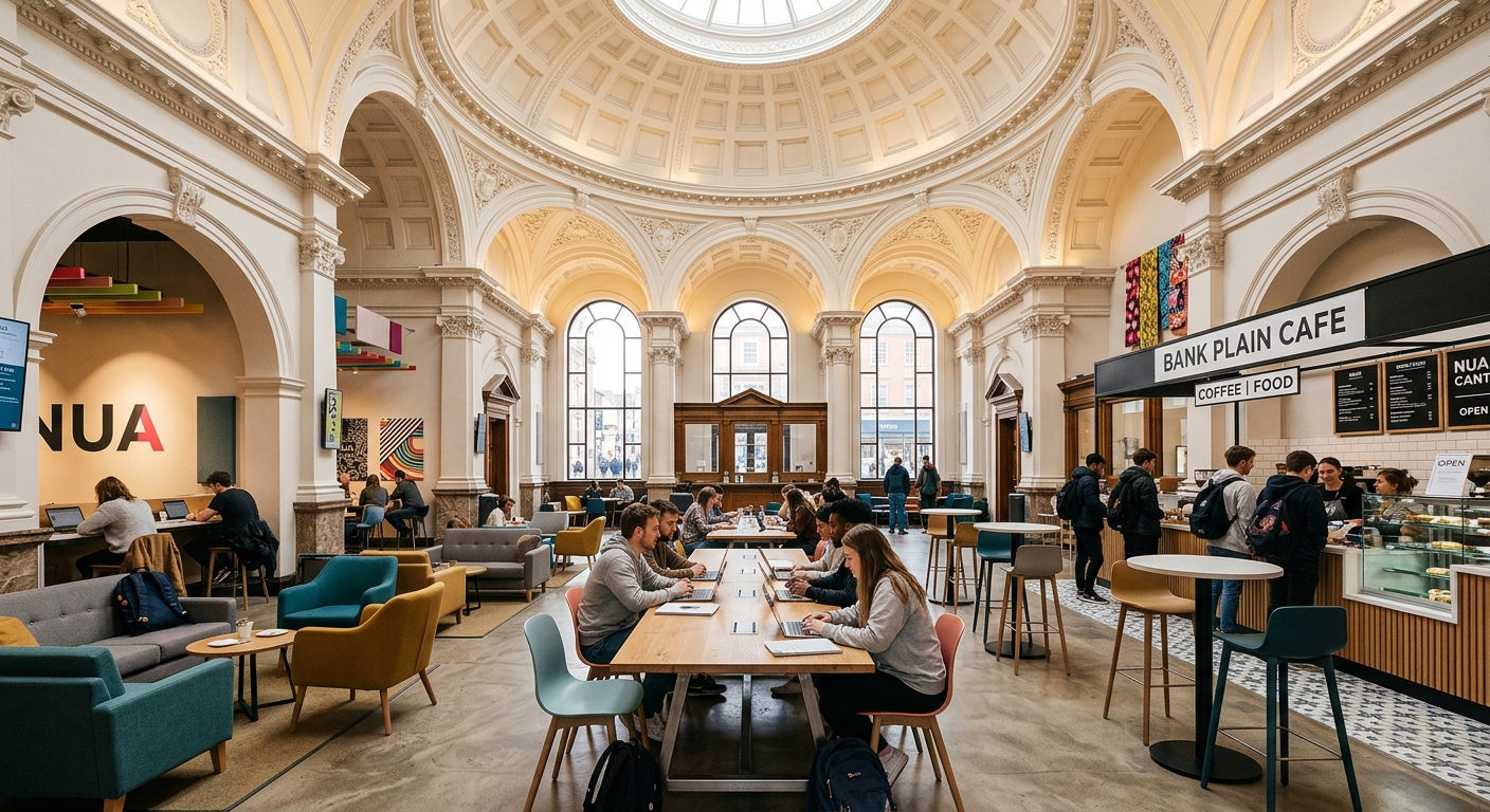 Norwich University of the Arts Bank Plain building interior, modern student canteen and social workspace inside a Grade II-listed former bank, contemporary furnishings with heritage architecture