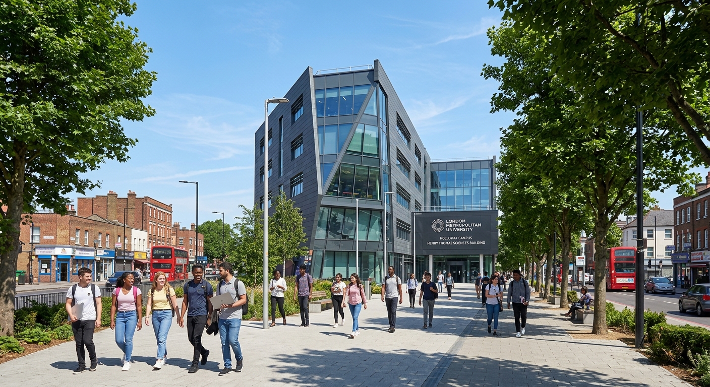 London Metropolitan University Holloway campus building exterior with modern architecture, students walking along tree-lined pathways, urban London setting with clear sky