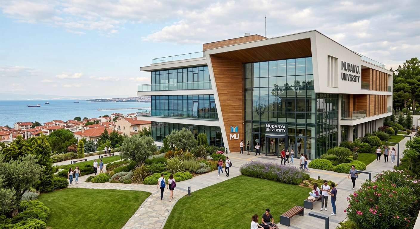 Modern Mudanya University campus building exterior with contemporary architecture, glass facades, surrounded by green lawns and landscaped gardens in Mudanya, Bursa