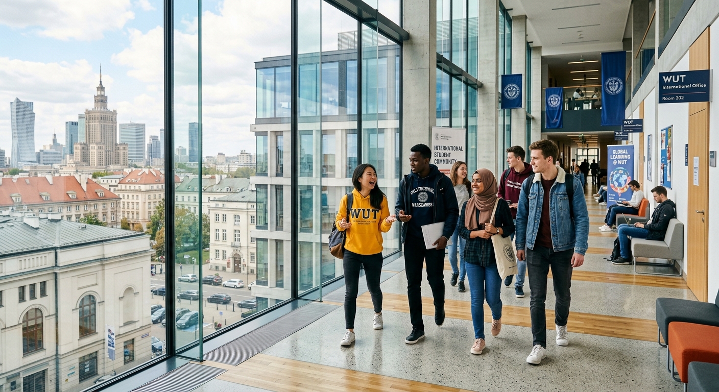 Modern university campus building in Warsaw Poland with international students walking through a bright corridor, large windows showing a European cityscape, multicultural learning environment