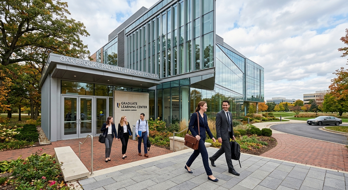 Modern professional campus building in Oak Brook Illinois, glass facade office-style learning center, suburban Chicago setting with mature trees, graduate students entering the building in business attire