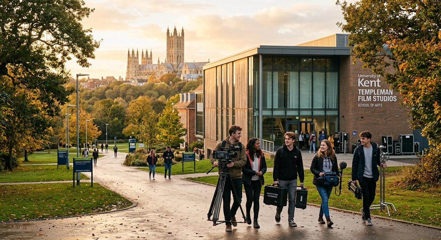 University of Kent Canterbury campus with modern film studio building, students carrying camera equipment walking along tree-lined pathways, historic cathedral visible in the background, golden hour lighting