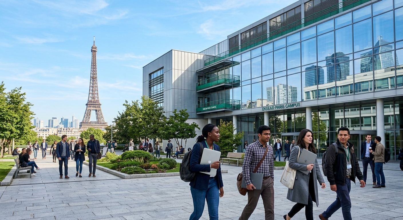 Modern Parisian campus building with glass facade near La Defense business district, international MBA students walking through courtyard with laptops, Eiffel Tower visible in the background under a clear blue sky