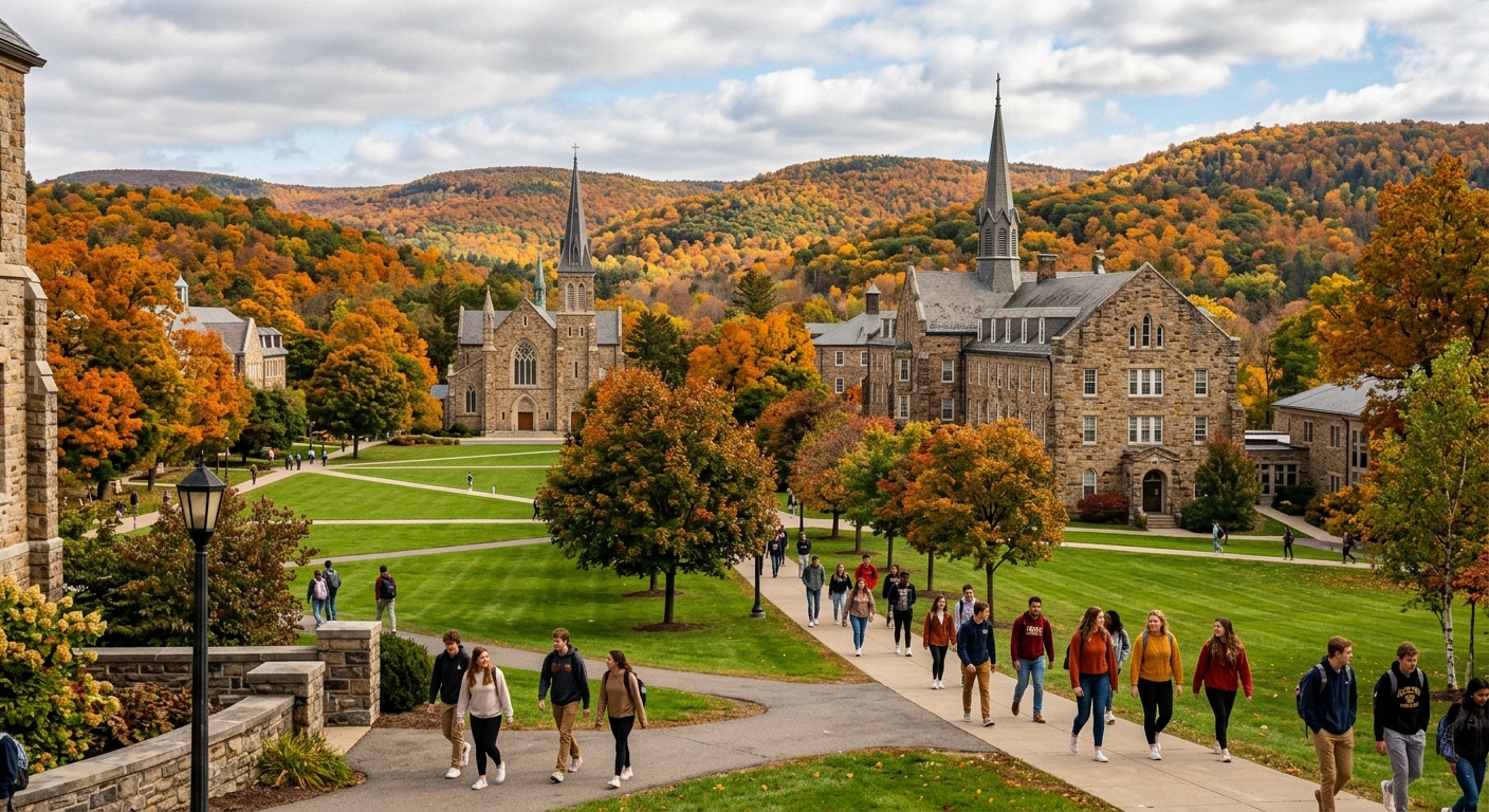 Scenic St. Bonaventure University campus in the Allegheny foothills of western New York, historic stone buildings surrounded by lush green trees with students walking along tree-lined pathways, autumn foliage visible on rolling hills in the background