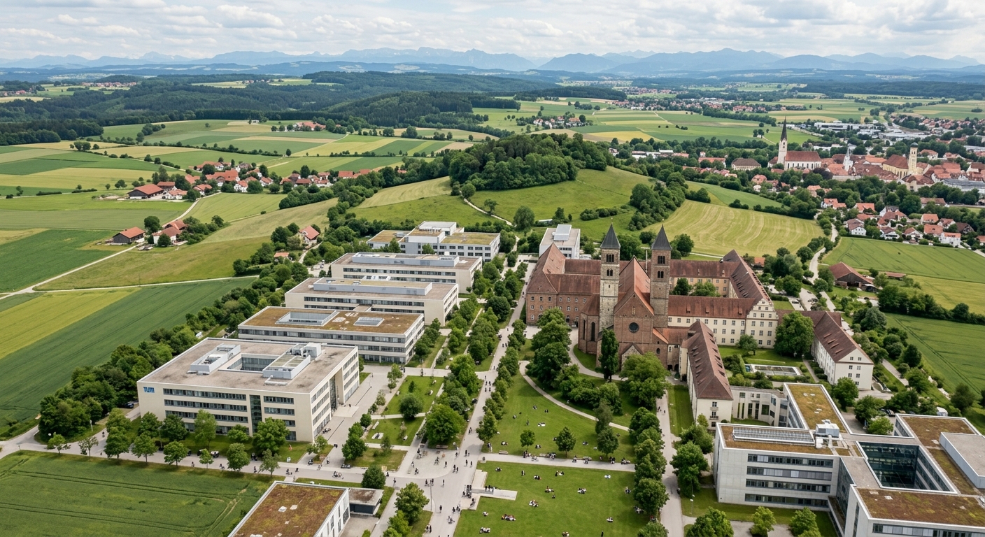 Aerial view of TUM Weihenstephan campus in Freising surrounded by green agricultural fields and Bavarian countryside, modern university buildings alongside historic architecture, students walking on tree-lined paths