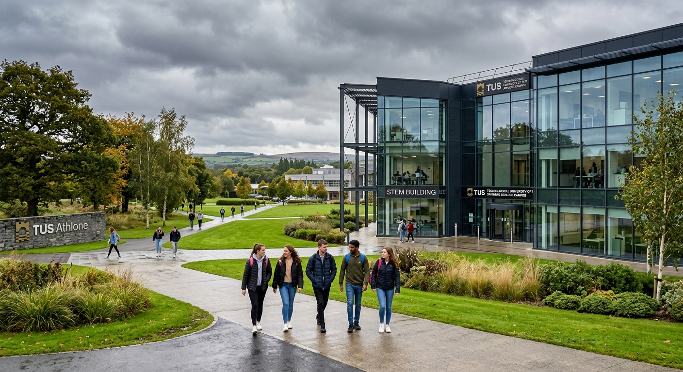 Modern university campus building at TUS Athlone with students walking through green landscaped grounds, contemporary STEM building with glass facades, Irish midlands setting with overcast sky