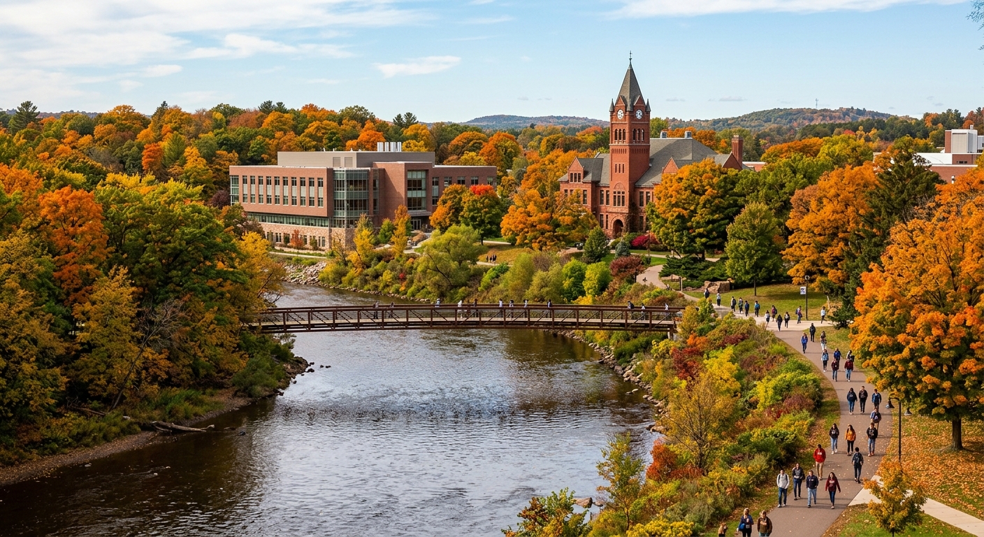 University of Wisconsin-Eau Claire campus along the Chippewa River, historic Schofield Hall and Hibbard Humanities Hall surrounded by lush greenery, footbridges connecting buildings, students walking on pathways in autumn