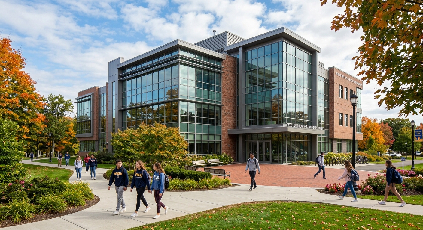 Center for the Sciences and Pharmacy at Western New England University, modern multi-story building with large glass windows, students walking on pathways, green landscaping