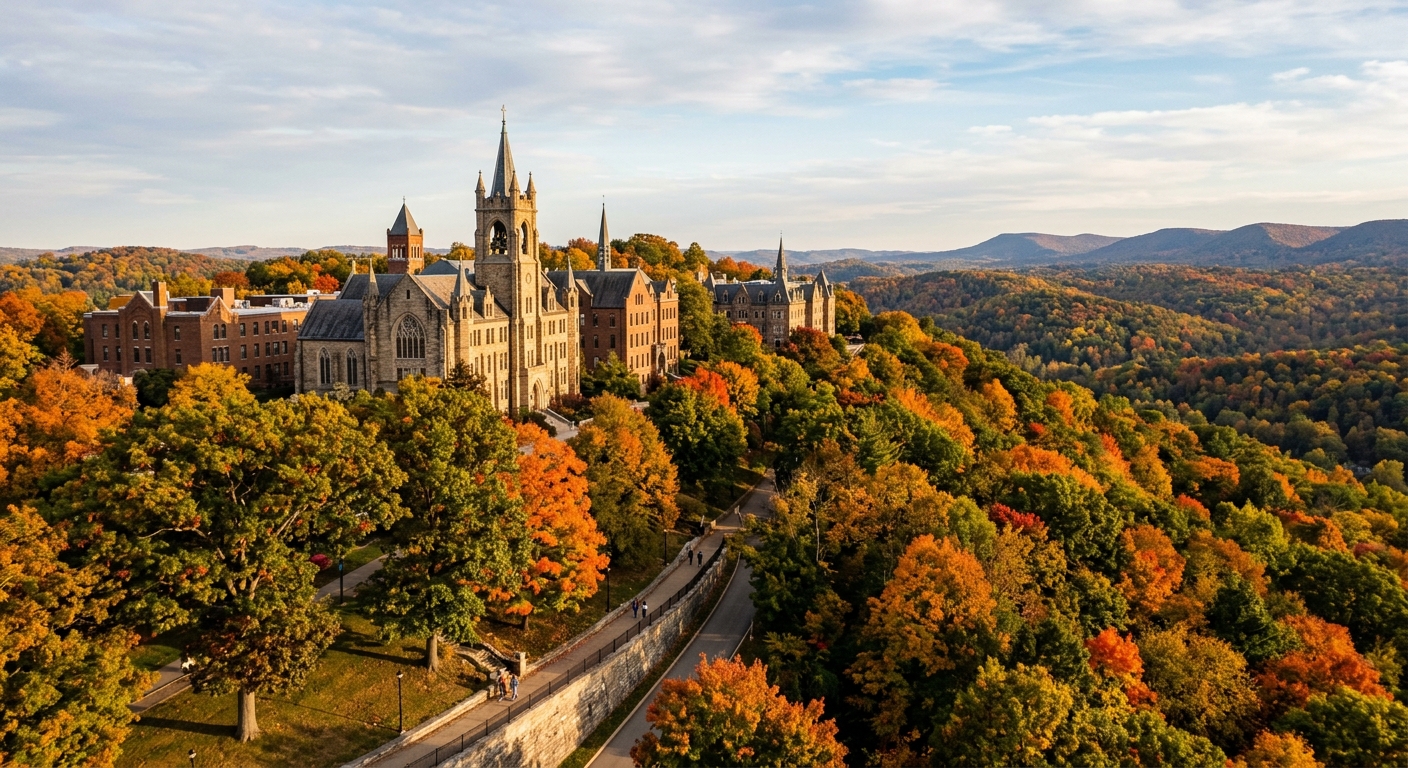 Historic Seton Hill University campus in Greensburg Pennsylvania with tree-lined hilltop buildings, Gothic architecture, and scenic Laurel Highlands landscape in the background, warm autumn light