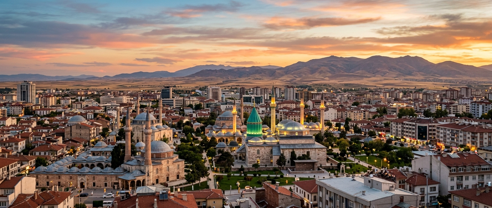 Panoramic view of Konya city skyline at sunset, Mevlana Museum green dome prominent in center, historic mosques and modern buildings, Anatolian plateau stretching to distant mountains