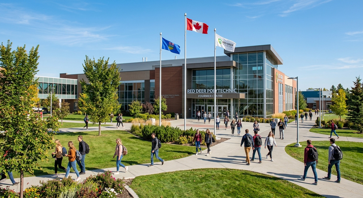 Red Deer Polytechnic main campus building in Red Deer Alberta Canada, modern educational facility with students walking on pathways, green lawns, Canadian flag, clear blue sky
