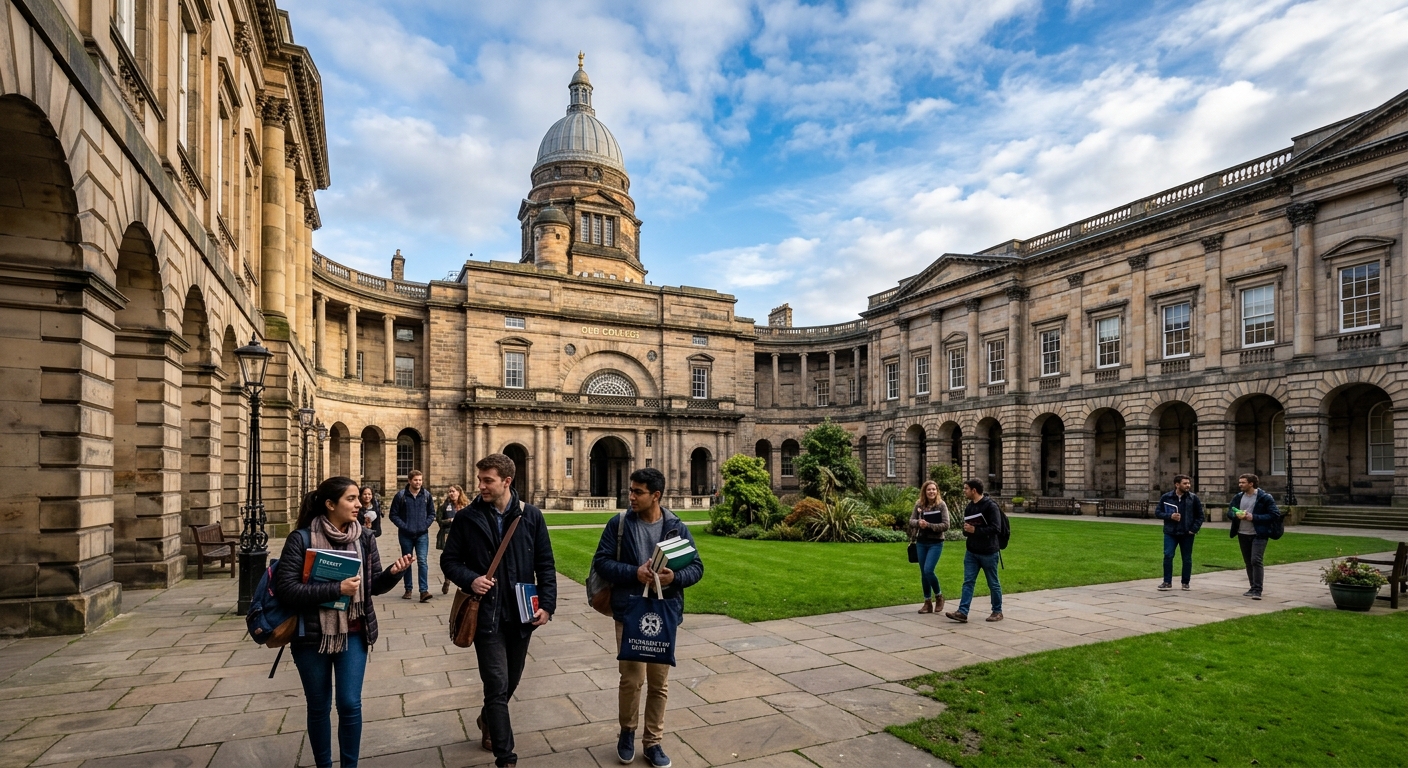 Historic Old College quadrangle at the University of Edinburgh with classical stone architecture, arched walkways, and green courtyard under a blue Scottish sky, postgraduate students walking with books