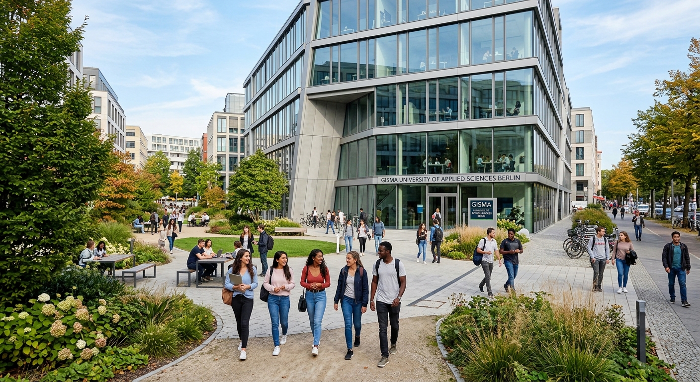 Modern Gisma University of Applied Sciences campus in Berlin Germany, contemporary glass building with international students walking through courtyard, European urban university setting with green landscaping