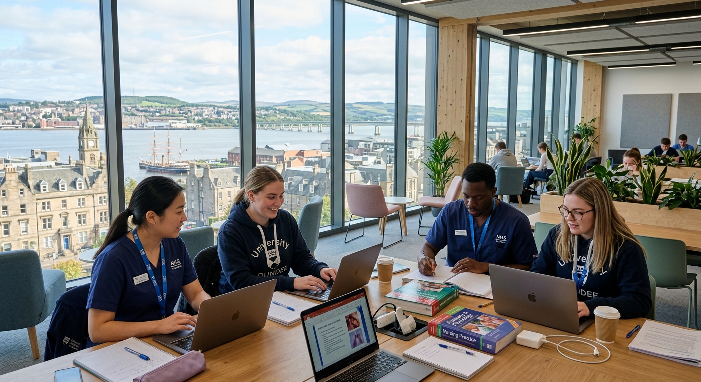 University of Dundee campus with modern health sciences building, nursing students studying on laptops in a bright collaborative space, Scottish cityscape visible through large windows