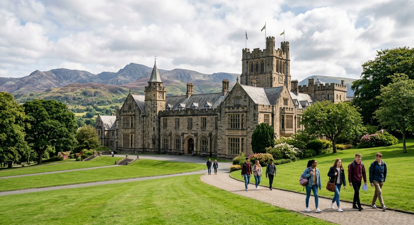 Bangor University main building with historic stone architecture, green lawns in foreground, Snowdonia mountains visible in background, students walking along pathways under a partly cloudy sky in North Wales
