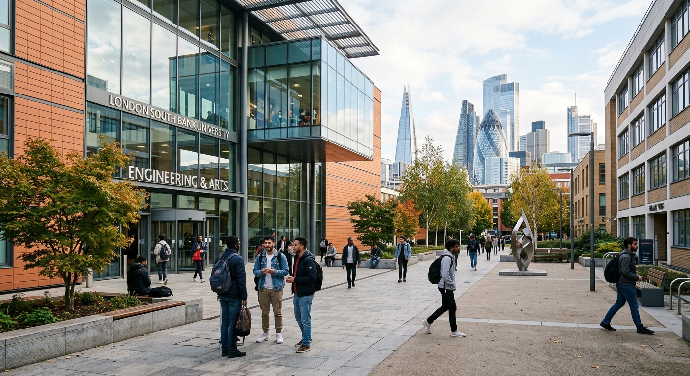 London South Bank University Southwark campus with modern engineering building, students walking through courtyard, urban London skyline in background, contemporary architecture with glass facades