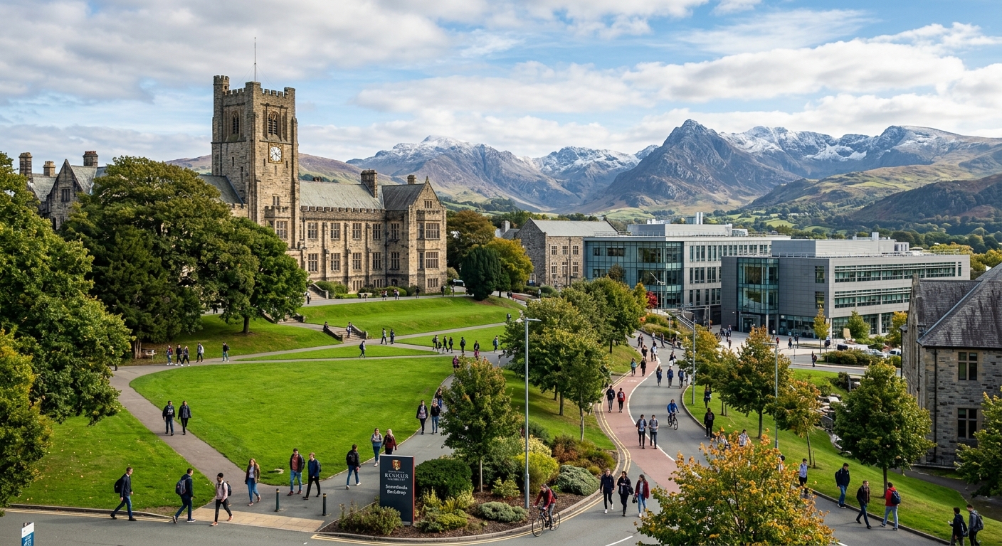 Bangor University campus with historic stone buildings set against the backdrop of Snowdonia mountains, green lawns and modern science laboratories, students walking along tree-lined paths in North Wales