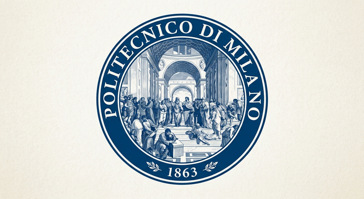 Politecnico di Milano official logo featuring a detail from Raphael's School of Athens, classical figures in discussion, blue and white color scheme, text reading Politecnico di Milano