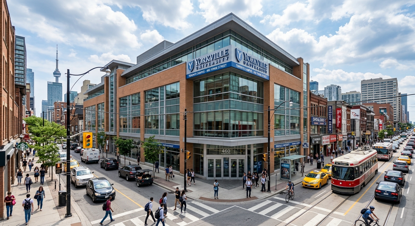 Yorkville University Toronto campus at 460 Yonge Street, urban setting with modern glass and brick building facade, busy downtown Toronto street scene