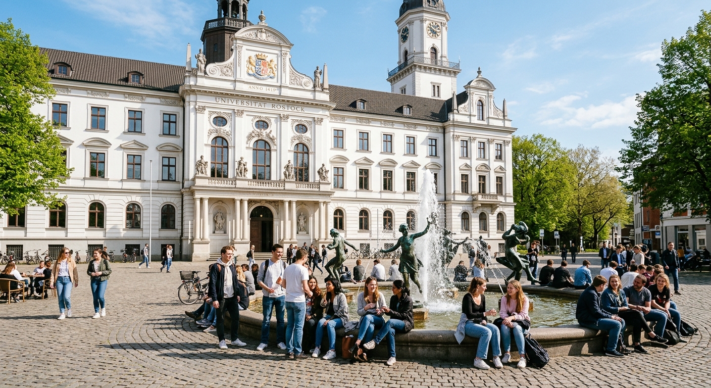 University of Rostock main building at Universitaetsplatz, Baroque white facade with ornate details, students gathered around the Brunnen der Lebensfreude fountain, sunny day