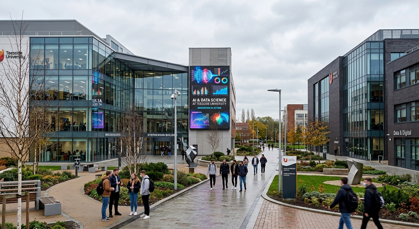 Modern Teesside University campus in Middlesbrough, United Kingdom, featuring contemporary glass and steel buildings, students walking through a landscaped courtyard, digital screens displaying AI and data visualizations, bright overcast sky typical of North East England