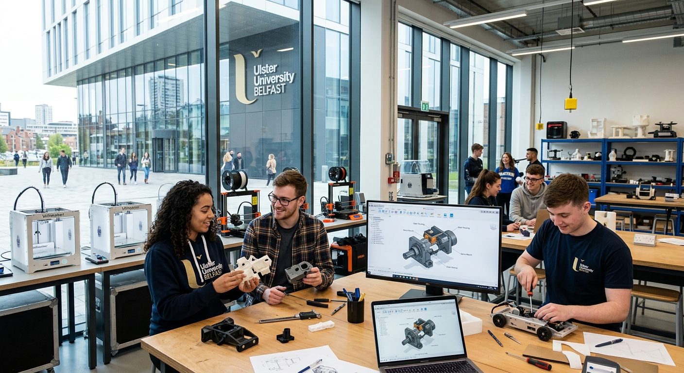 Modern Ulster University Belfast campus building with glass facade, engineering students working on product design prototypes in a bright studio workshop, 3D CAD models visible on screens