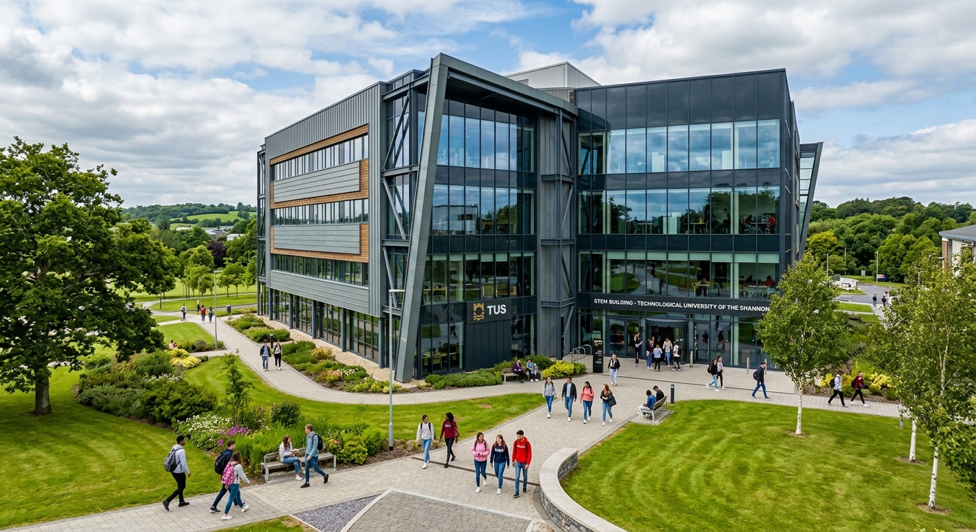 TUS Athlone campus modern STEM building exterior, contemporary glass and steel architecture, students walking on pathways, green landscaped grounds, Irish midlands setting
