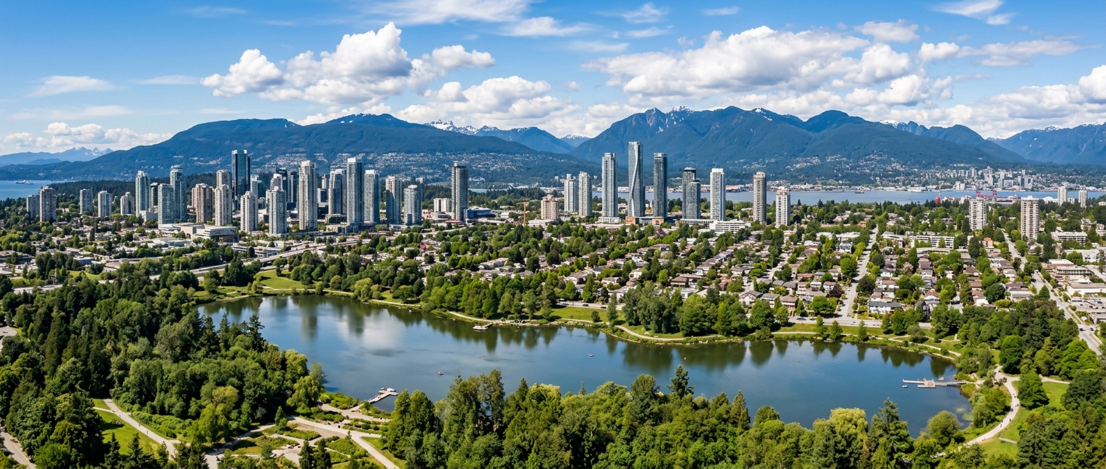Panoramic view of Burnaby, British Columbia with Deer Lake in the foreground, residential neighborhoods, modern high-rise buildings, and the North Shore mountains under a bright sky